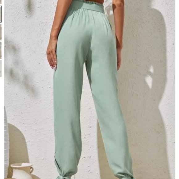 SHEIN Paperbag Waist Self Belted Carrot Pants Mint Green XS - Picture 2 of 2